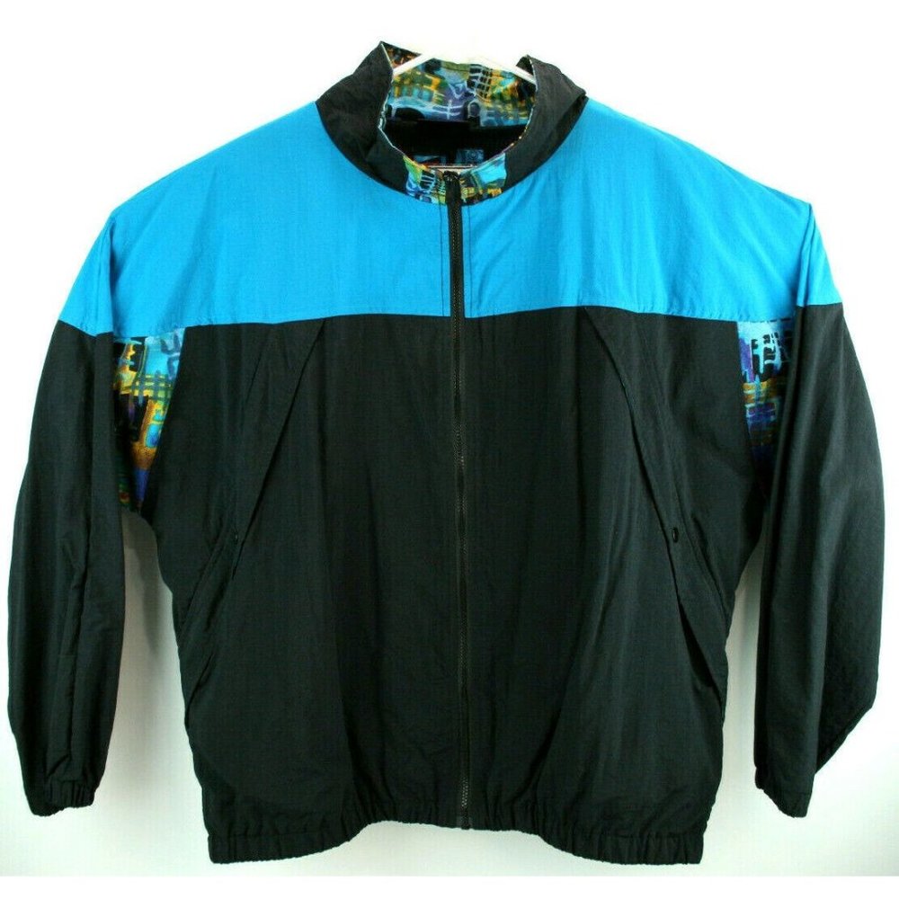 Tower Bay Jacket Vintage Mens Sz 2XL Windbreaker Black Blue 100% Nylon - Picture 1 of 9